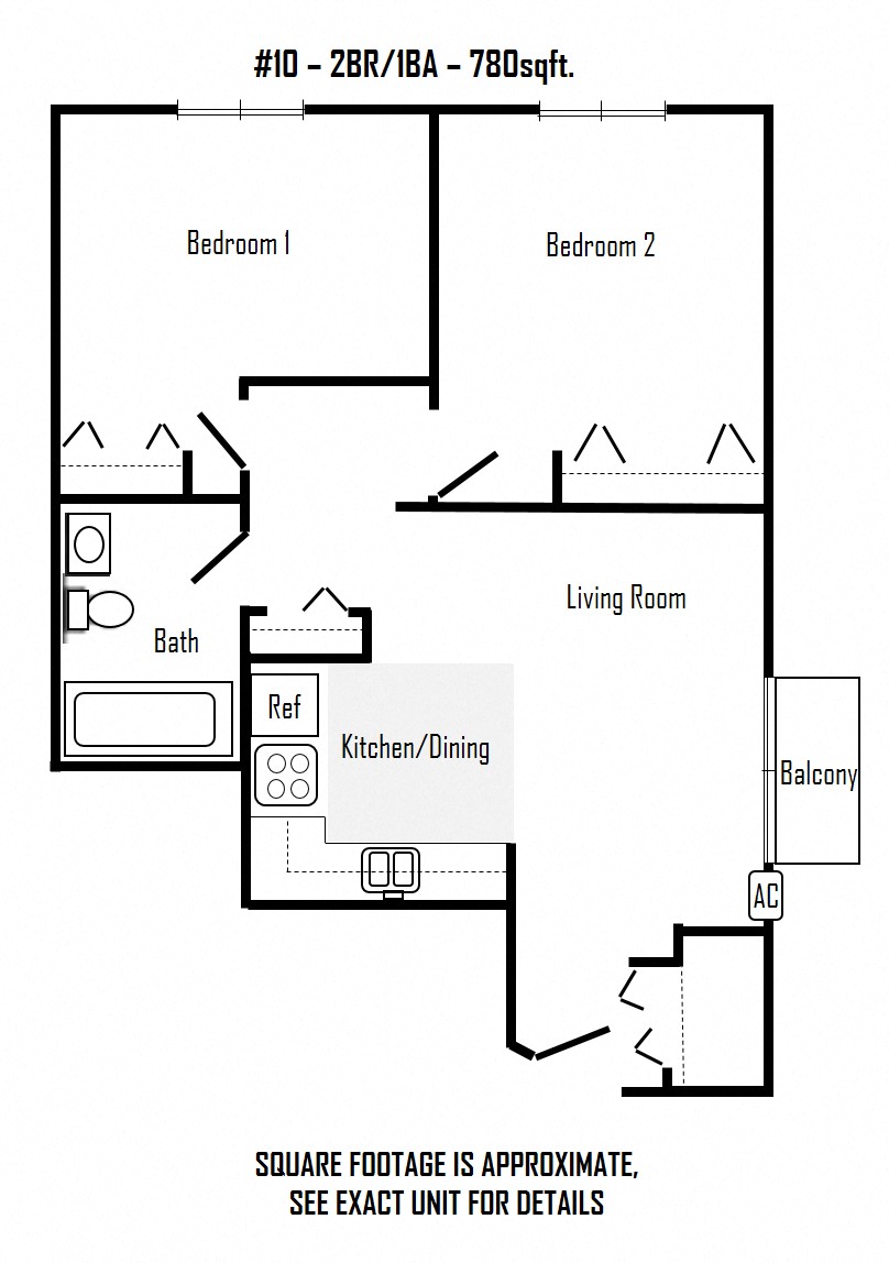 Floor plan for 2 beds, 1 bath, 780 sqft